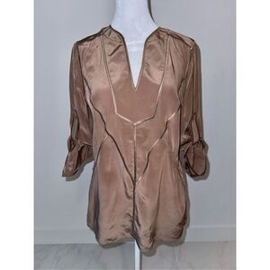 BCBG Silk Tan Light Brown Blouse Tunic Sz XS